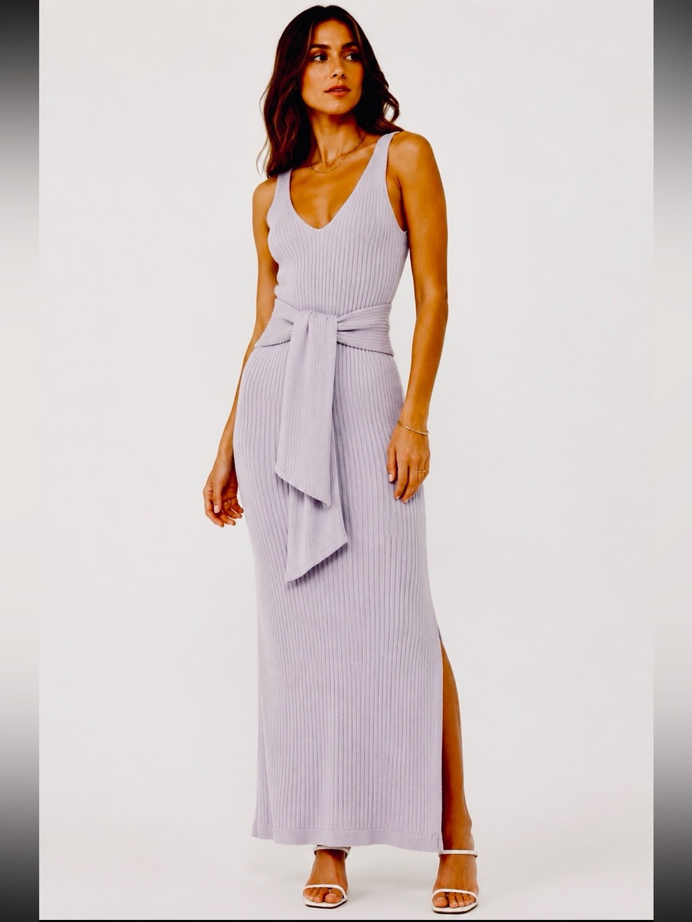Good American Lilac Mist Ribbed Stretch Knit Belt Bodycon Midi Dress Wmns 2 NWT